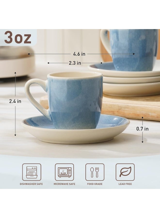 famiware Jupiter Espresso Cups and Saucers Set of 4 - Light Blue Ceramic Coffee Mugs - Image 4