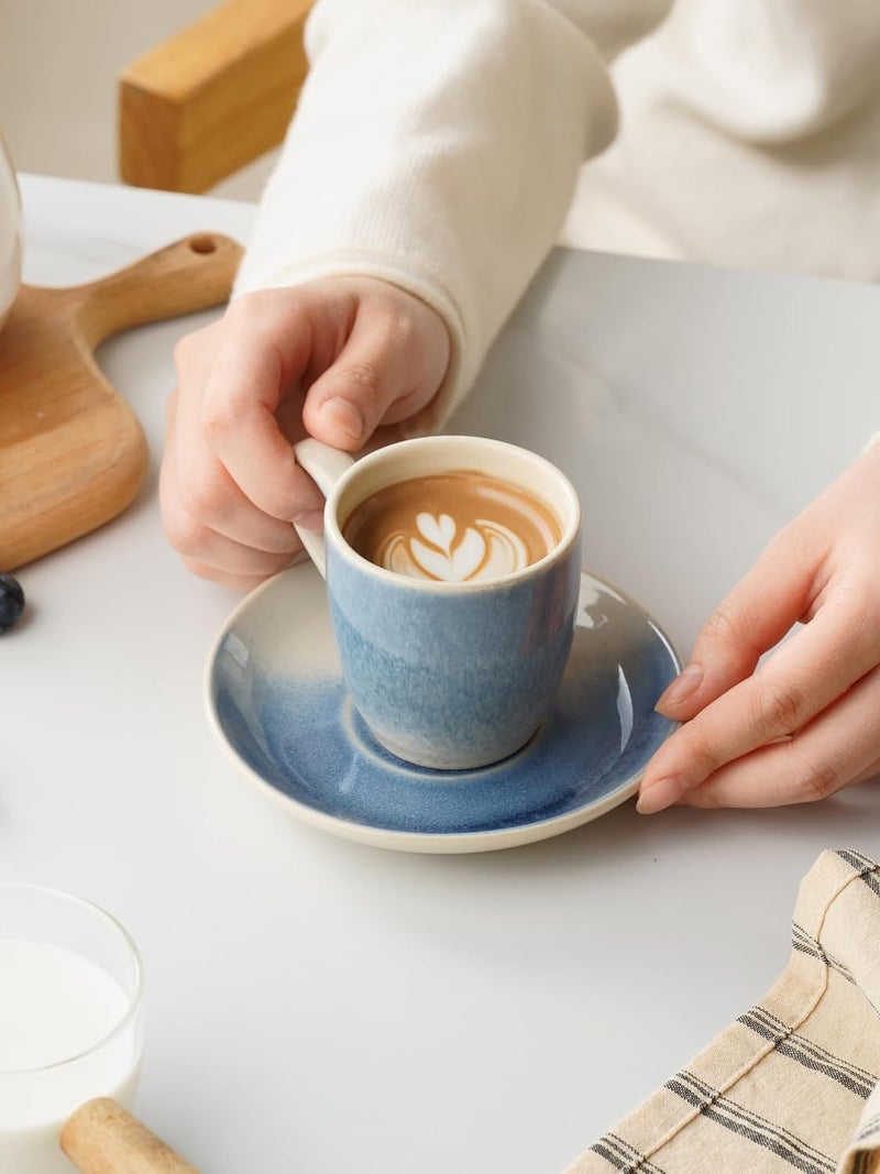 famiware Jupiter Espresso Cups and Saucers Set of 4 - Light Blue Ceramic Coffee Mugs - Image 3