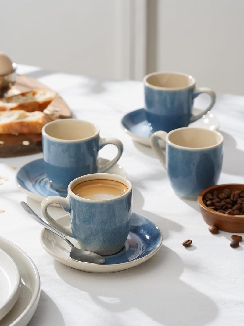 famiware Jupiter Espresso Cups and Saucers Set of 4 - Light Blue Ceramic Coffee Mugs - Image 2