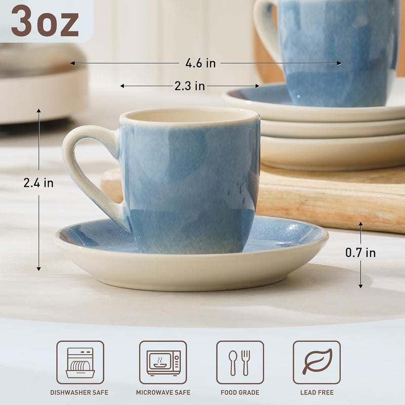 famiware Jupiter Espresso Cups and Saucers Set of 4 - Light Blue Ceramic Coffee Mugs - Image 4