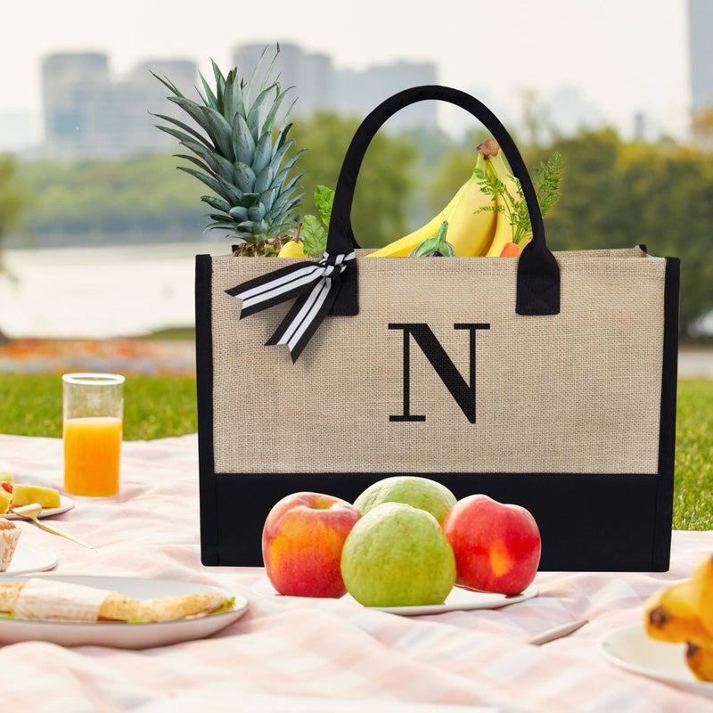 TOPDesign Initial Jute/Canvas Tote Bag, Personalized Present Bag, Suitable for Wedding, Birthday, Beach, Holiday, is a Great Gift for Women, Mom, Teachers, Friends, Bridesmaids(Letter N) - Image 3