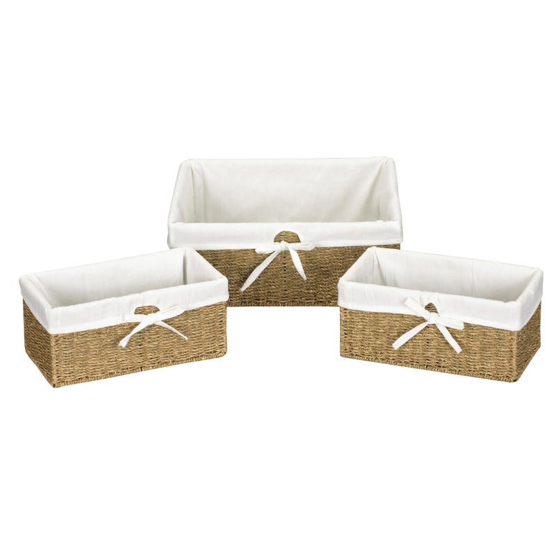 Household Essentials Household Essentials ML5611 Set of Three Woven Wicker Storage Baskets with Removable Liners  Natural SeagrassBrown 
