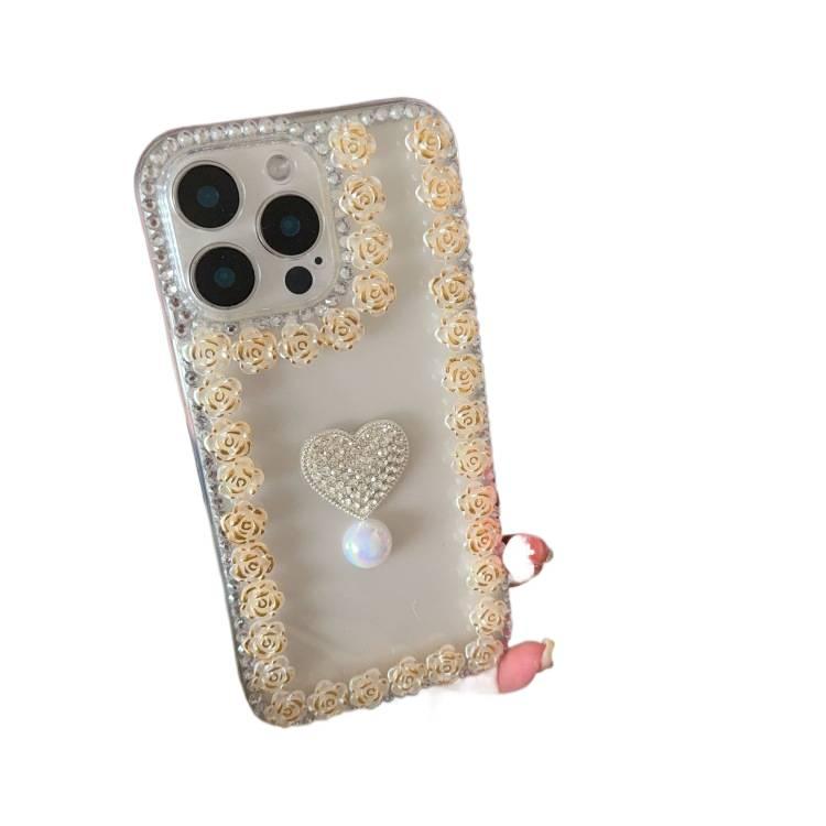 Silicone Protective Case for iPhone 14 / 14 Plus / 14 Pro / 14 Pro Max with Rhinestone and Rose Pattern plus Heart Pattern in Gold - Image 1