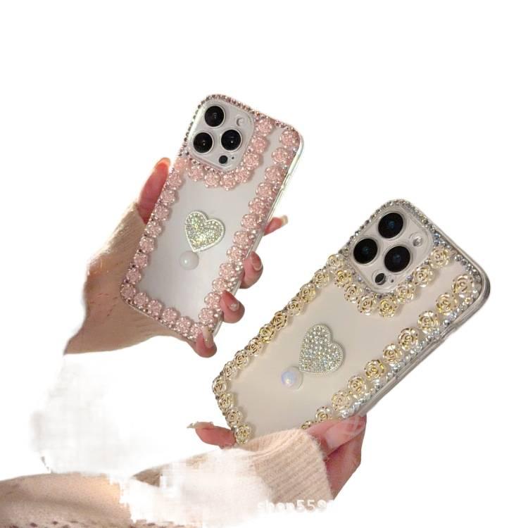 Silicone Protective Case for iPhone 14 / 14 Plus / 14 Pro / 14 Pro Max with Rhinestone and Rose Pattern plus Heart Pattern in Gold - Image 2