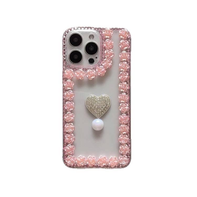 Silicone Protective Case for iPhone 14 / 14 Plus / 14 Pro / 14 Pro Max with Rhinestone and Rose Pattern plus Heart Pattern in Gold - Image 5