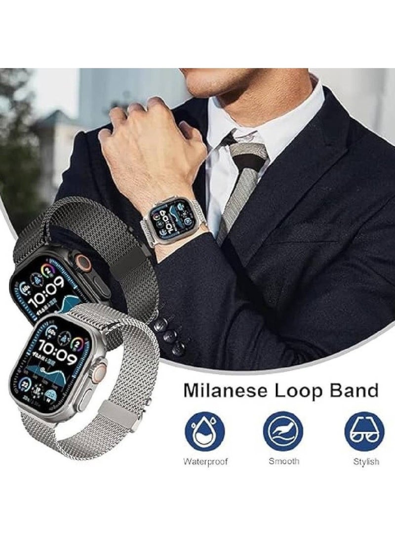 Generic - 2-Pack Adjustable Metal Strap for Apple Watch Ultra & Ultra 2 - Milanese Loop Stainless Steel Mesh Bands for 49mm, 46mm, 45mm, 44mm (Black/Titanium color) - Image 1