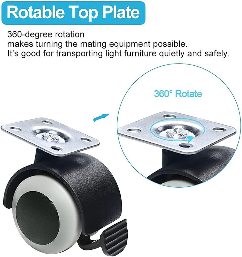 HBFBDRCT 1.5 Inch Plate Casters Furniture Wheels Replacement with 360 Degree Top Plate, Low Noise and Heavy Duty, Set of 4 (2 with Brake & 2 Without) - Image 4