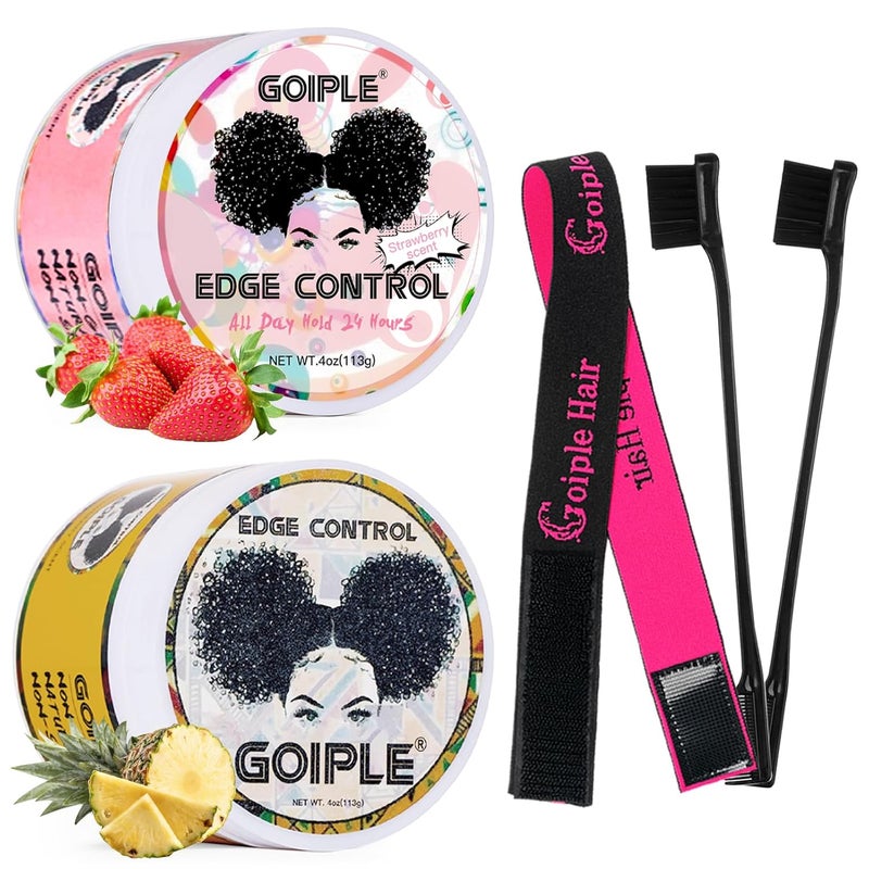 Goiple Edge Control Wax for Women Strong Hold Nongreasy Edge Smoother Pink 1Pack and Yellow 1Pack 4oz with Brush 2Pcs and Scarf
