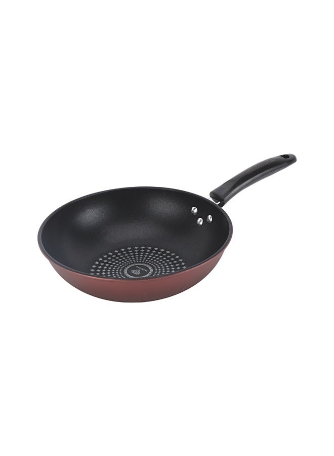 Royalford 28 CM Carbon Steel Wok Pan with Non-Stick Coating- RF12121 |Stylish Design with Soft Touch Handles, Spiral Design Bottom | Induction Compatible, Perfect for Deep and Shallow Frying| Maroon - Image 2