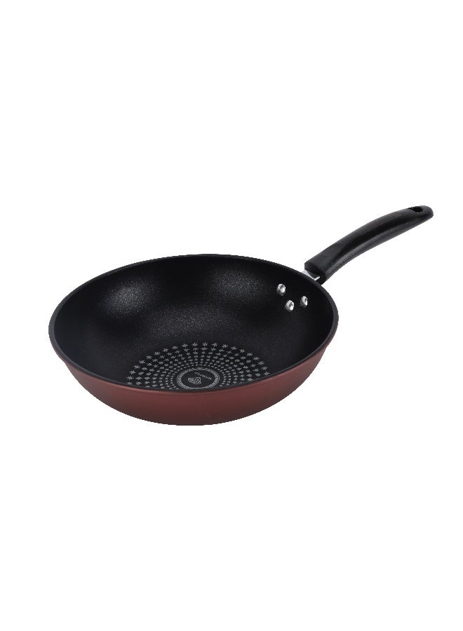 Royalford 28 CM Carbon Steel Wok Pan with Non-Stick Coating- RF12121 |Stylish Design with Soft Touch Handles, Spiral Design Bottom | Induction Compatible, Perfect for Deep and Shallow Frying| Maroon - Image 1