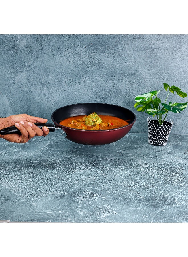 Royalford 28 CM Carbon Steel Wok Pan with Non-Stick Coating- RF12121 |Stylish Design with Soft Touch Handles, Spiral Design Bottom | Induction Compatible, Perfect for Deep and Shallow Frying| Maroon - Image 4