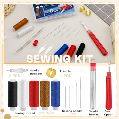 SHWAKK 37 PCS Travel Sewing Kit, Big Eye Steel Sewing Needles Kit, Steels Needle for Hand Sewing with Thimble, Threader, Thread Rippers for Beginner Traveler and Clothing Repair - Image 2