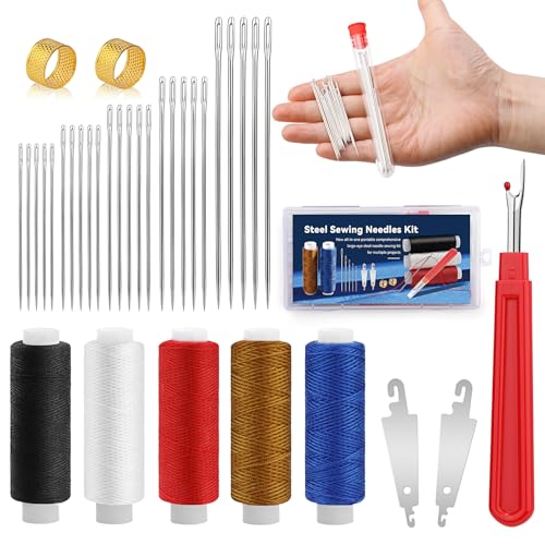 SHWAKK 37 PCS Travel Sewing Kit, Big Eye Steel Sewing Needles Kit, Steels Needle for Hand Sewing with Thimble, Threader, Thread Rippers for Beginner Traveler and Clothing Repair - Image 1