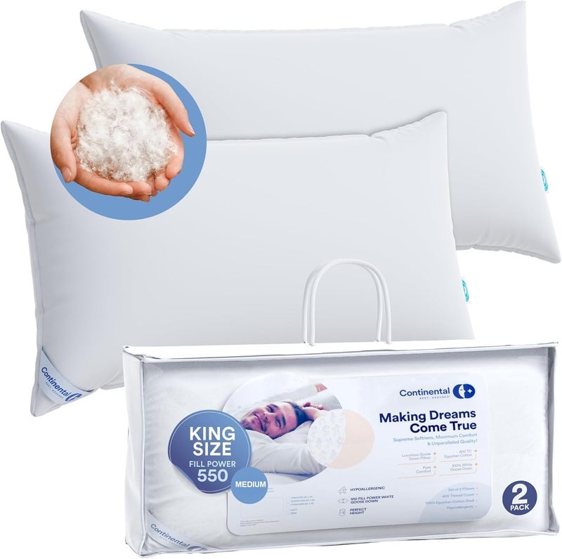 Continental Bedding  Harmony White Down Pillow  550 Fill Power  400 Thread Count Cotton Cover  Made in USA  Medium King Pack of 2 2