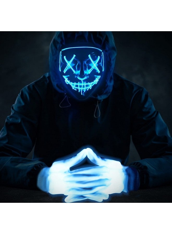 Max Fun Halloween Mask Glowing Gloves for Halloween Costume Cosplay Light Up Scary Masks with 3 Lighting Modes Cosplay Lighted Face Masks for Halloween Parties Masquerade Party(Blue) - Image 2