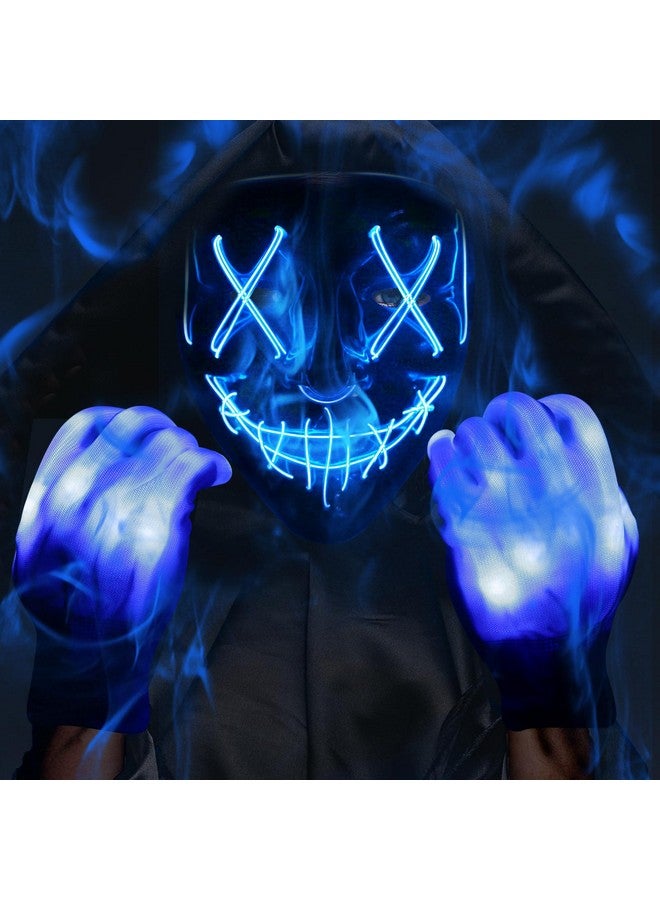 Max Fun Halloween Mask Glowing Gloves for Halloween Costume Cosplay Light Up Scary Masks with 3 Lighting Modes Cosplay Lighted Face Masks for Halloween Parties Masquerade Party(Blue) - Image 1