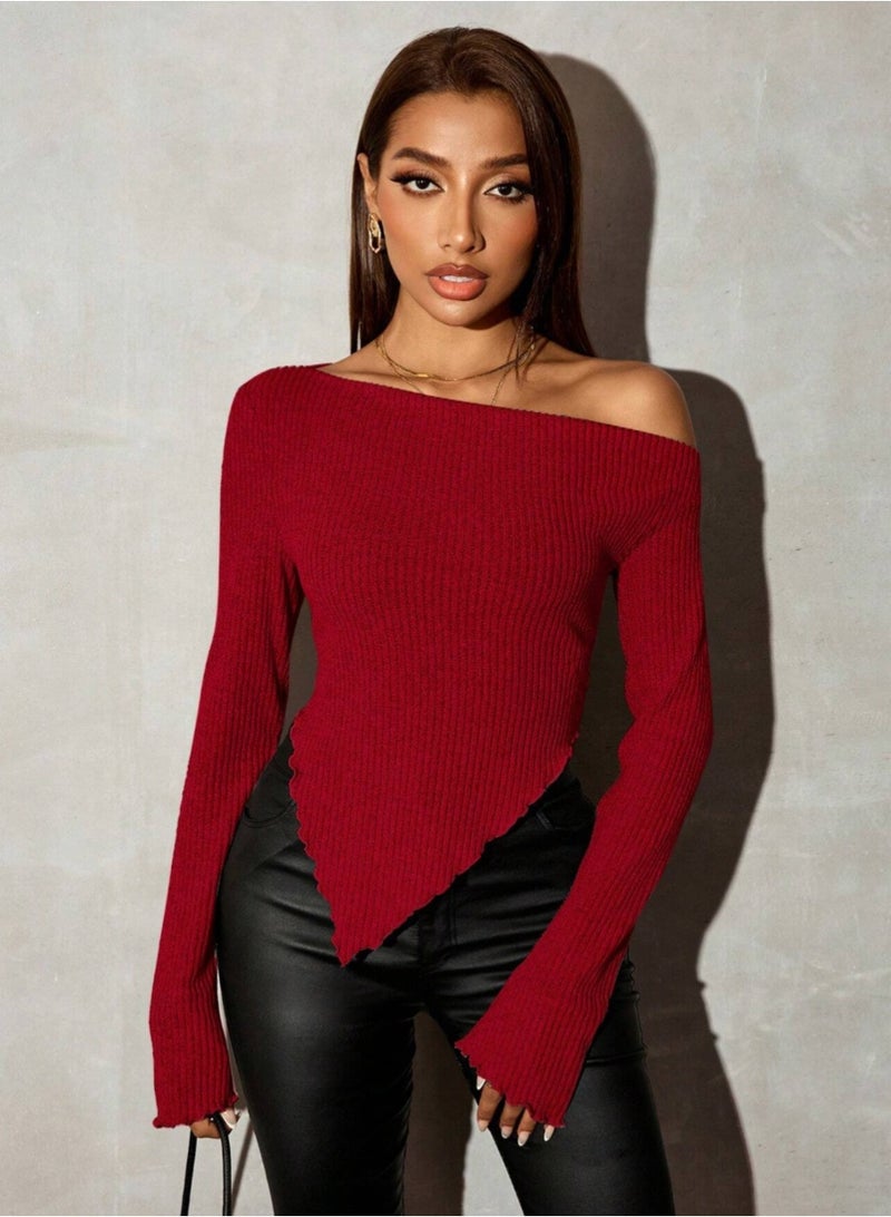 SHEIN Asymmetrical Neck Rib-Knit Tee,Fall Women Going Out Tops - Image 5