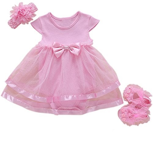 Niyage Baby Girls Clothes Dress Headband Shoes 3 Pcs Set Flowers Party Outfit Romper Dress-Pink 3-6 Months - Image 1