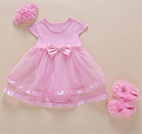Niyage Baby Girls Clothes Dress Headband Shoes 3 Pcs Set Flowers Party Outfit Romper Dress-Pink 3-6 Months - Image 2
