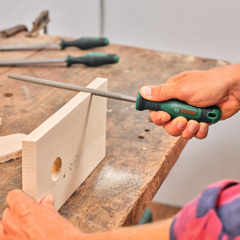 Bosch Rasp Set 3-Piece (Robust Wood Rasp Set incl. Flat/Round/Half-Round Rasps; Hard Carbon Steel; Shaft Length 200mm; Medium Stroke 2; Ergonomic Softgrip) - Image 2