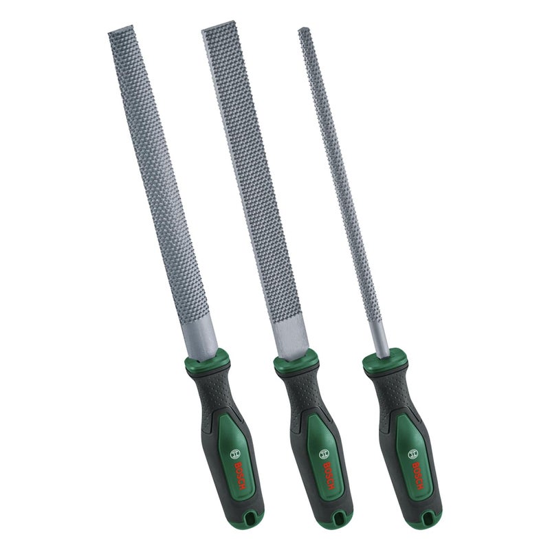 Bosch Rasp Set 3-Piece (Robust Wood Rasp Set incl. Flat/Round/Half-Round Rasps; Hard Carbon Steel; Shaft Length 200mm; Medium Stroke 2; Ergonomic Softgrip) - Image 1