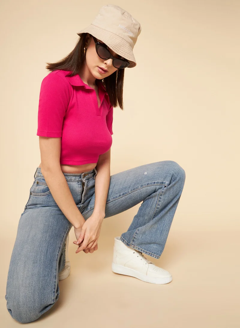 HIGH STAR Shirt Collar Pure Cotton Fitted Crop Top for Women