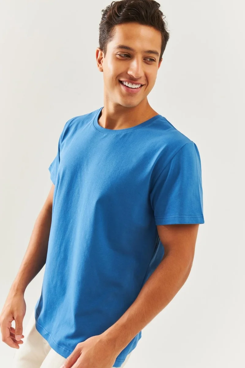 Butikgiz Blue Oversize Comfortable Cotton Combed Crew Neck Short Sleeve Basic T-Shirt Classic Collection