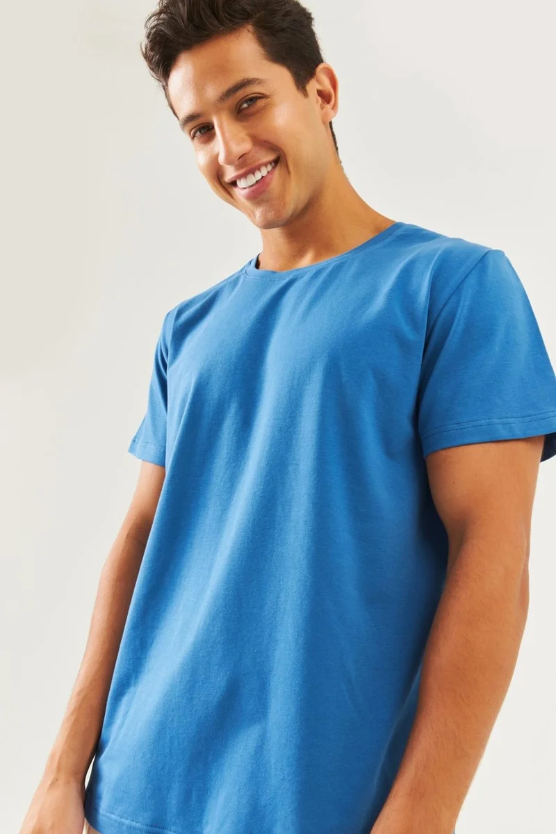 Butikgiz Blue Oversize Comfortable Cotton Combed Crew Neck Short Sleeve Basic T-Shirt Classic Collection