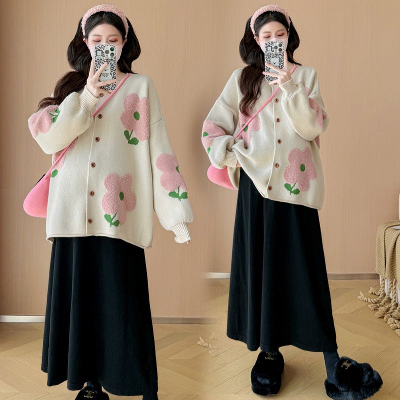 Internet Celebrity 2024 Pregnant Women Autumn and Winter Fashion Loose Slimming Age Reducing Heavy Industry Embroidered Flower Soft Waxy Sweater Cardigan suit Apricot [cardigan] - Image 3