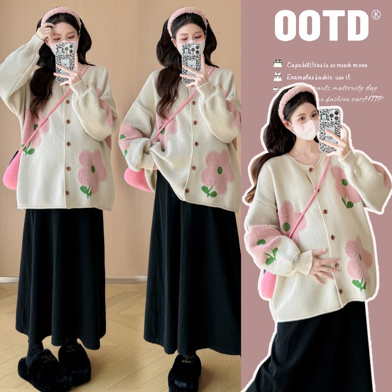 Internet Celebrity 2024 Pregnant Women Autumn and Winter Fashion Loose Slimming Age Reducing Heavy Industry Embroidered Flower Soft Waxy Sweater Cardigan suit Apricot [cardigan] - Image 2