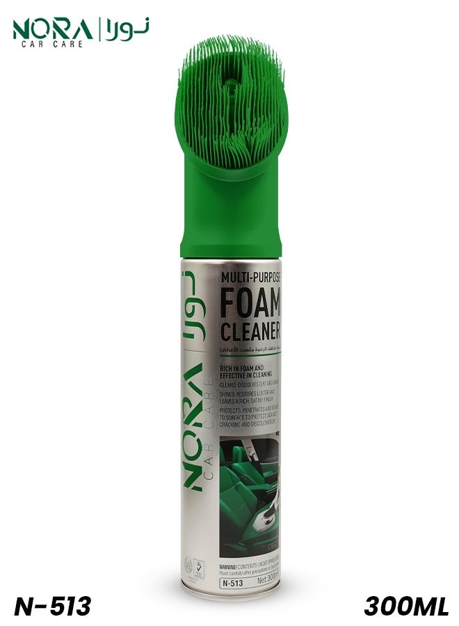 NORA Multi-Purpose Foam Cleaner N-513 300ml with Built-In Scrub Brush for Car Interior, Sofa, Fabric, Leather, Carpet, Plastic, Glass & Home Surfaces, Strong Foaming Action Removes Stains, Dust, Grease & Restores Shine - Image 1