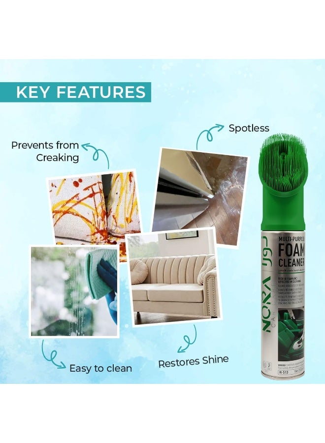 NORA Multi-Purpose Foam Cleaner N-513 300ml with Built-In Scrub Brush for Car Interior, Sofa, Fabric, Leather, Carpet, Plastic, Glass & Home Surfaces, Strong Foaming Action Removes Stains, Dust, Grease & Restores Shine - Image 5