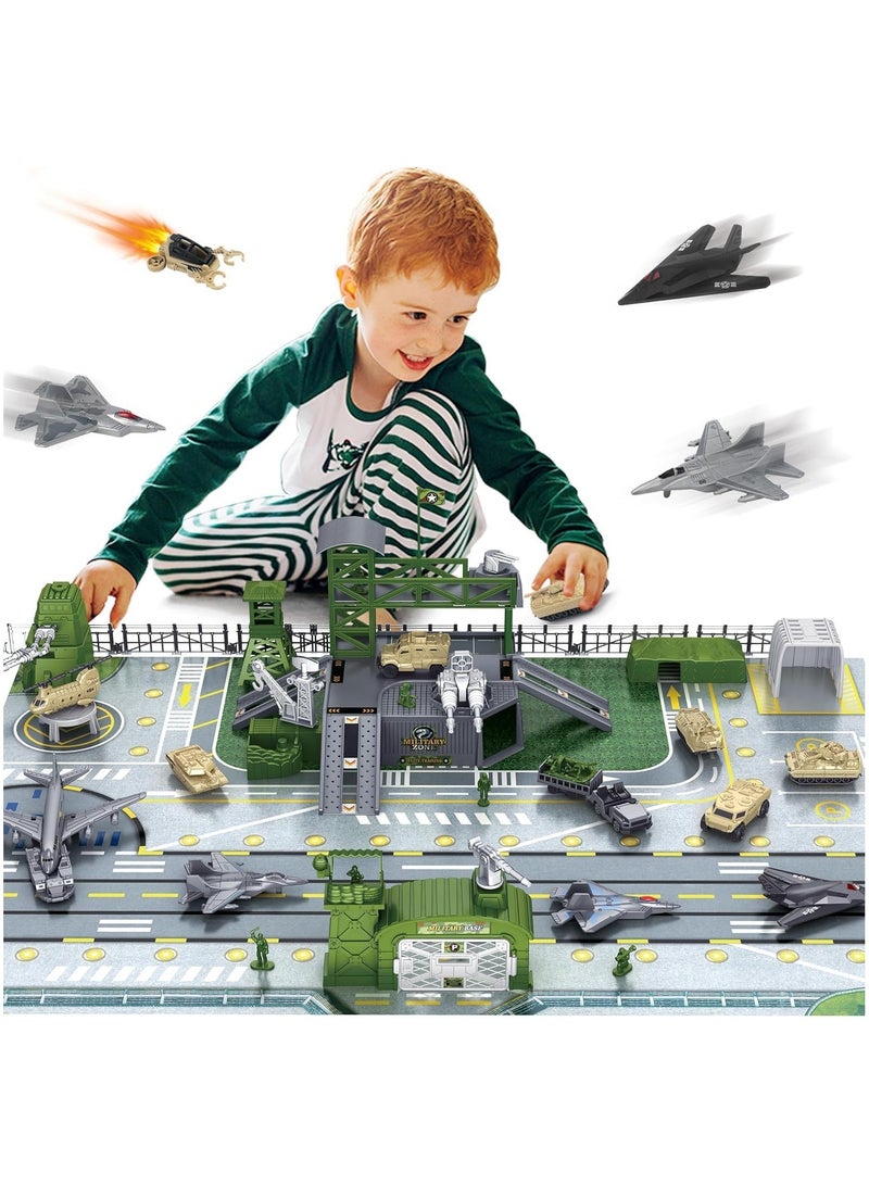 Soofam Airplane Toy Sets with Vehicles, Trucks, Helicopter, Fighter Jet, Play Mat with Accessories, Birthday Gift - Image 1