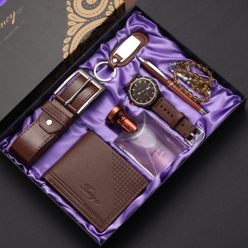 Watch Gift Box Mens Business Gift Set Wallet Belt Souvenir Fathers Day Cross-Border Birthday Gift 520 8-piece coffee color set: belt + wallet + watch + perfume + rosary + keychain + pen + exquisite