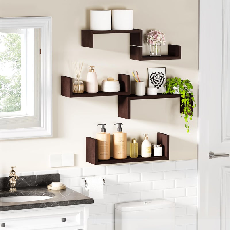 SRIWATANA Floating Shelves for Wall, Wall Shelves for Bathroom, Bedroom, Living Room, Kitchen, Office, Wood Shelves for Home Decor Set of 5 (Dark Walnut) - Image 3