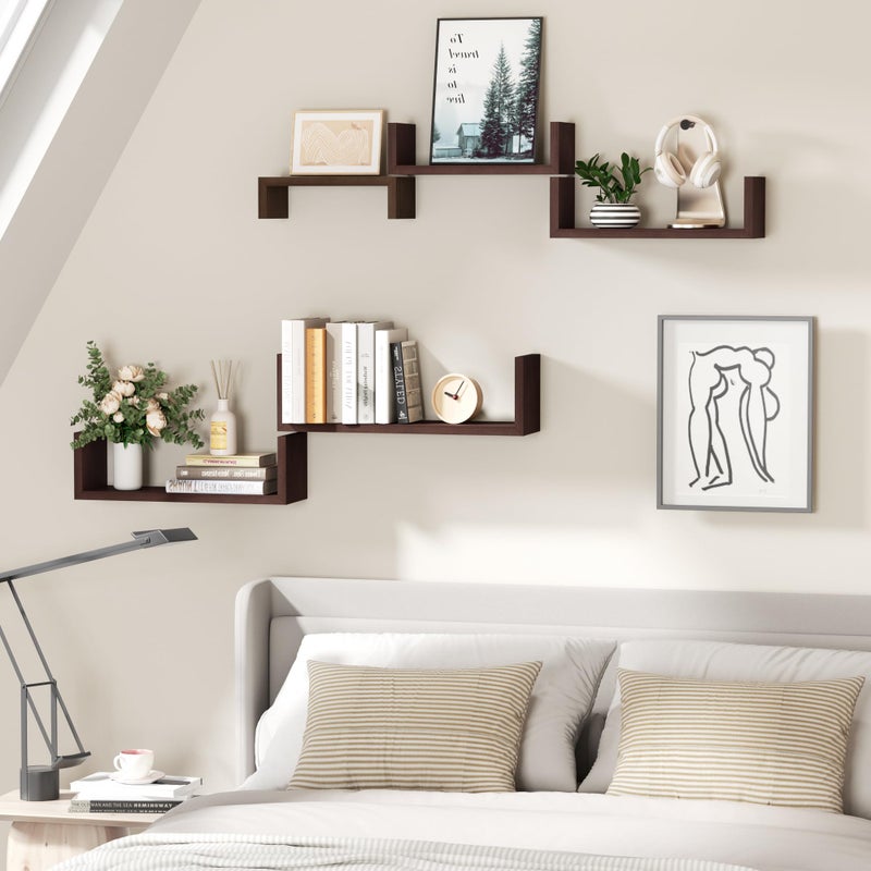 SRIWATANA Floating Shelves for Wall, Wall Shelves for Bathroom, Bedroom, Living Room, Kitchen, Office, Wood Shelves for Home Decor Set of 5 (Dark Walnut) - Image 2