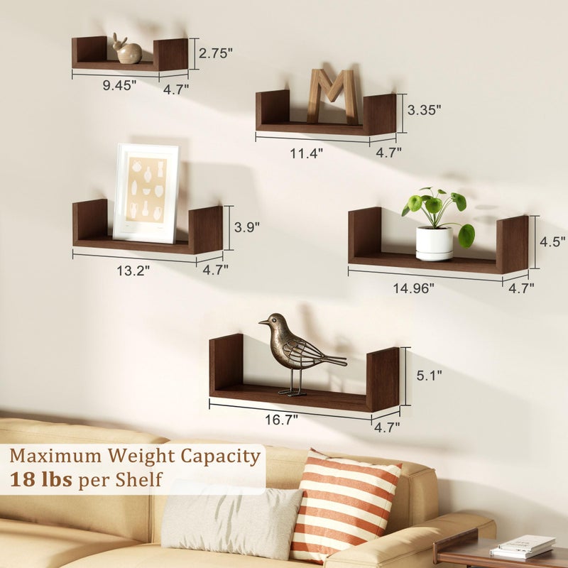 SRIWATANA Floating Shelves for Wall, Wall Shelves for Bathroom, Bedroom, Living Room, Kitchen, Office, Wood Shelves for Home Decor Set of 5 (Dark Walnut) - Image 5