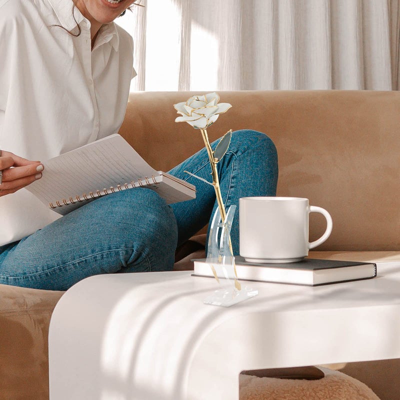 SW هدايا وردة ذهبية بيضاء للنساء الزوجات، وردة حقيقية مغطاة بالذهب عيار 24 تدوم إلى الأبد مع قاعدة لها، عيد الميلاد، عيد الحب، عيد الأم، عيد الميلاد، - Image 2