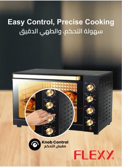 Flexy FLEXY 100L Electric Oven, 2800W, Convection, Rotisserie, 70-250°C, 120-Min Timer, Inner Lamp, 4-Stage Heating, Stainless Steel, Black Design, 2 Baking Trays, Wire Rack.  - Image 4
