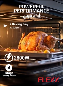 Flexy FLEXY 100L Electric Oven, 2800W, Convection, Rotisserie, 70-250°C, 120-Min Timer, Inner Lamp, 4-Stage Heating, Stainless Steel, Black Design, 2 Baking Trays, Wire Rack.  - Image 5