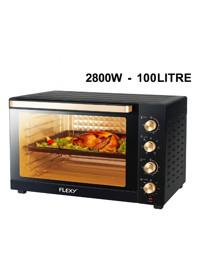 FLEXY 100L Electric Oven, 2800W, Convection, Rotisserie, 70-250°C, 120-Min Timer, Inner Lamp, 4-Stage Heating, Stainless Steel, Black Design, 2 Baking Trays, Wire Rack. - Image 2