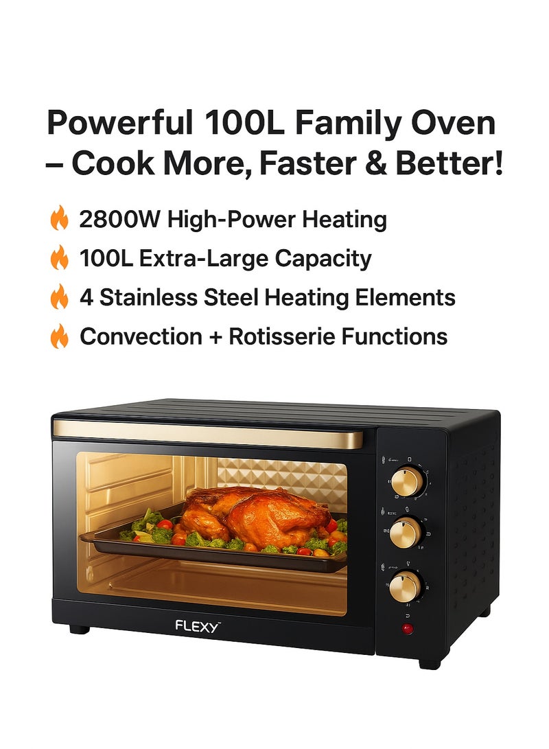FLEXY 100L Electric Oven, 2800W, Convection, Rotisserie, 70-250°C, 120-Min Timer, Inner Lamp, 4-Stage Heating, Stainless Steel, Black Design, 2 Baking Trays, Wire Rack. - Image 3