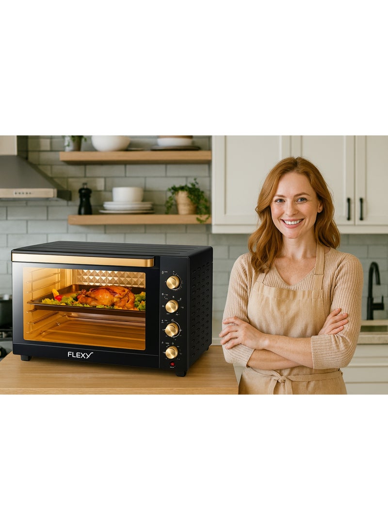 FLEXY 100L Electric Oven, 2800W, Convection, Rotisserie, 70-250°C, 120-Min Timer, Inner Lamp, 4-Stage Heating, Stainless Steel, Black Design, 2 Baking Trays, Wire Rack. - Image 4