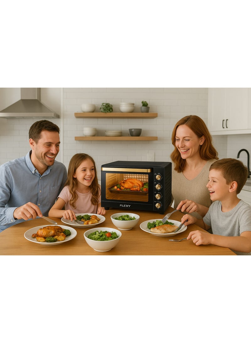 FLEXY 100L Electric Oven, 2800W, Convection, Rotisserie, 70-250°C, 120-Min Timer, Inner Lamp, 4-Stage Heating, Stainless Steel, Black Design, 2 Baking Trays, Wire Rack. - Image 5