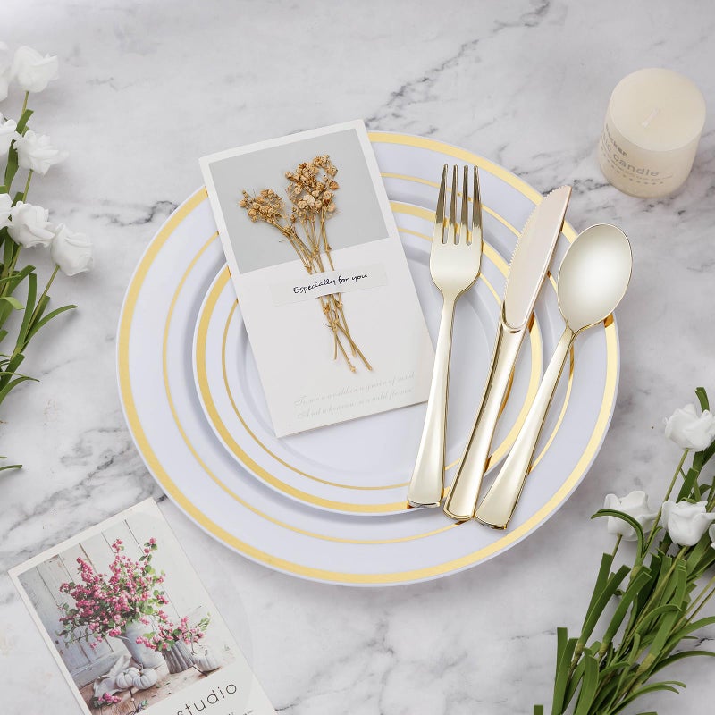 BESTVIP 150PCS Plastic Dinnerware Set (25 Guests)  Gold Disposable Plates for Party  Wedding  Anniversary  Includes: Dinner Plates  Dessert Plates  Cups  Spoons  Forks and Knives - Image 1