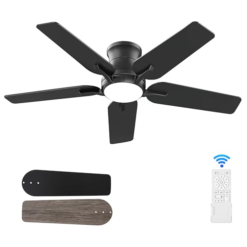 POCHFAN 42 Inch Black Ceiling Fans with Lights and Remote, Flush Mount Low Profile Ceiling Fan for Bedroom, Living Room, Patio, Dimmable 6 Speeds Noiseless Reversible, ETL Listed - Image 1