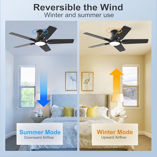 POCHFAN 42 Inch Black Ceiling Fans with Lights and Remote, Flush Mount Low Profile Ceiling Fan for Bedroom, Living Room, Patio, Dimmable 6 Speeds Noiseless Reversible, ETL Listed - Image 5