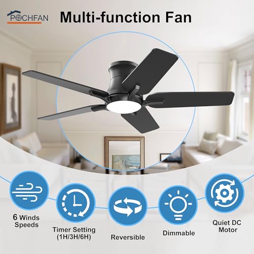 POCHFAN 42 Inch Black Ceiling Fans with Lights and Remote, Flush Mount Low Profile Ceiling Fan for Bedroom, Living Room, Patio, Dimmable 6 Speeds Noiseless Reversible, ETL Listed - Image 3