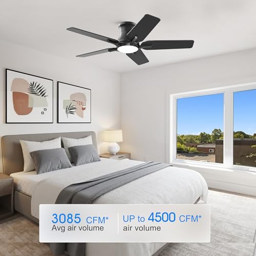 POCHFAN 42 Inch Black Ceiling Fans with Lights and Remote, Flush Mount Low Profile Ceiling Fan for Bedroom, Living Room, Patio, Dimmable 6 Speeds Noiseless Reversible, ETL Listed - Image 2