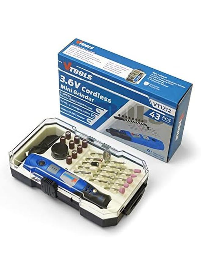 VTOOLS 3.6V Cordless Mini Grinder With 43 Pc Accessory Set Rotary Tool For Polishing Cleaning And Engraving Blue Vt1212 - Image 3